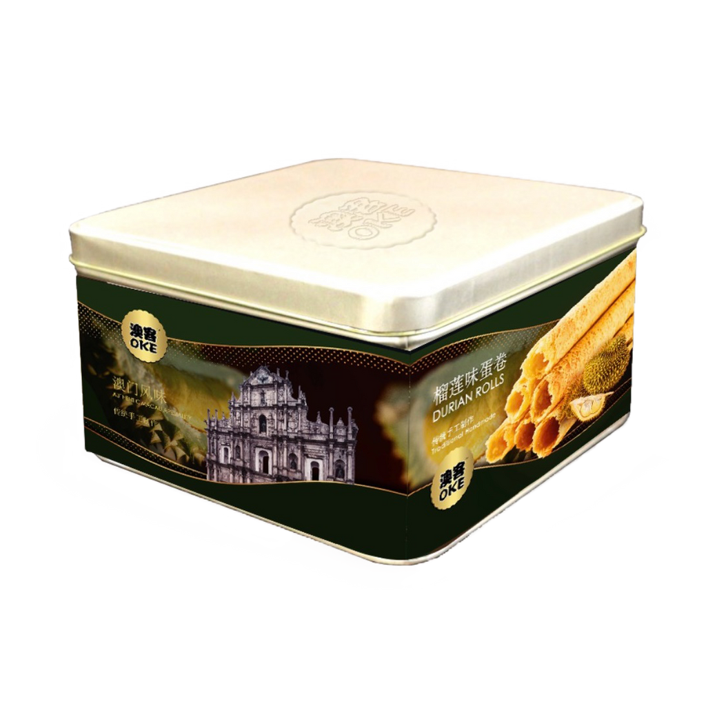 OKE -OKE Traditional Macau Snack | Handmade Crunchy Egg Rolls | Traditional Metal Box Edition | Durian Flavor - Everyday Snacks - Everyday eMall